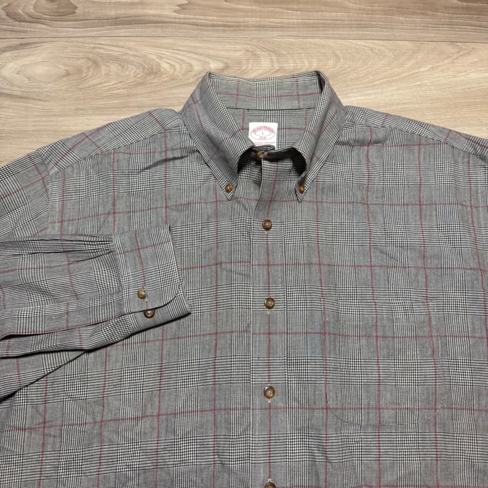 Brooks Brothers Button Down Shirt Mens L Grey Plaid Cotton Wool 346 Flannel LS